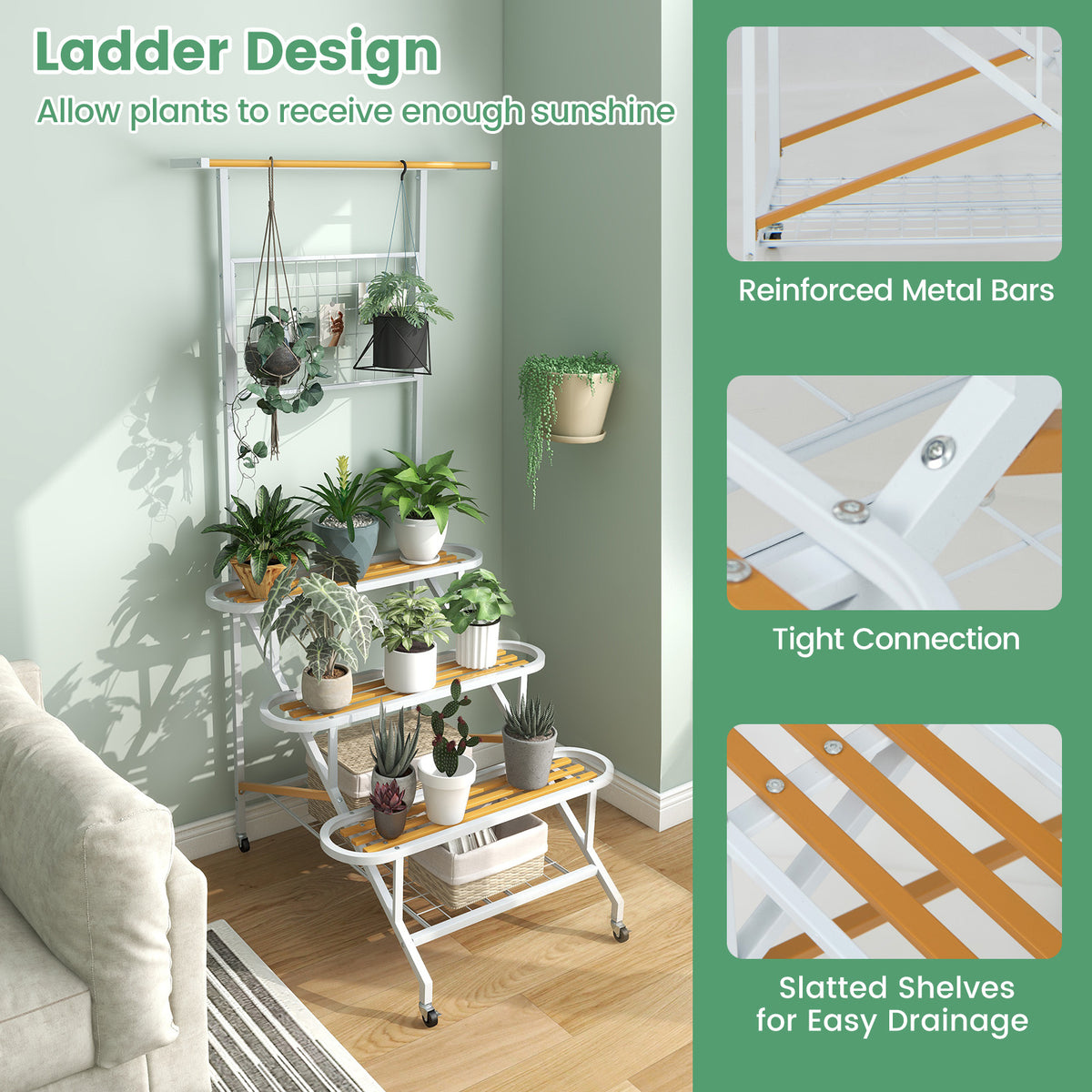4-Tier Metal Plant Stand with Wheels & Trellis