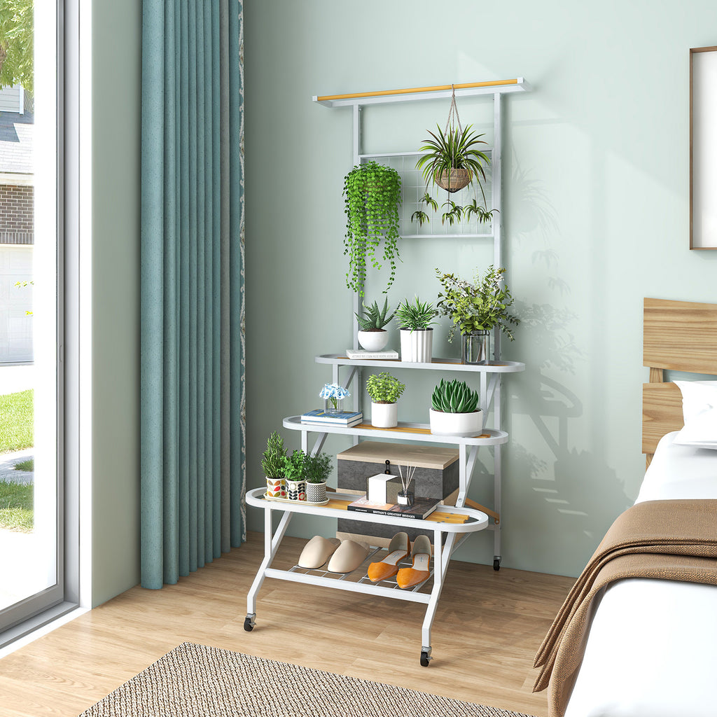 4-Tier Metal Plant Stand with Wheels & Trellis