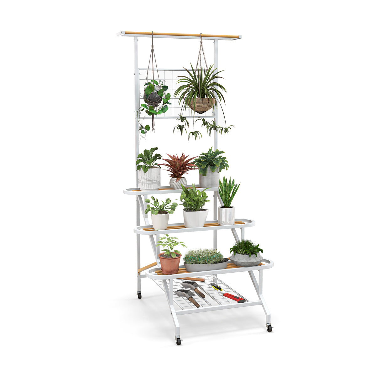 4-Tier Metal Plant Stand with Wheels & Trellis