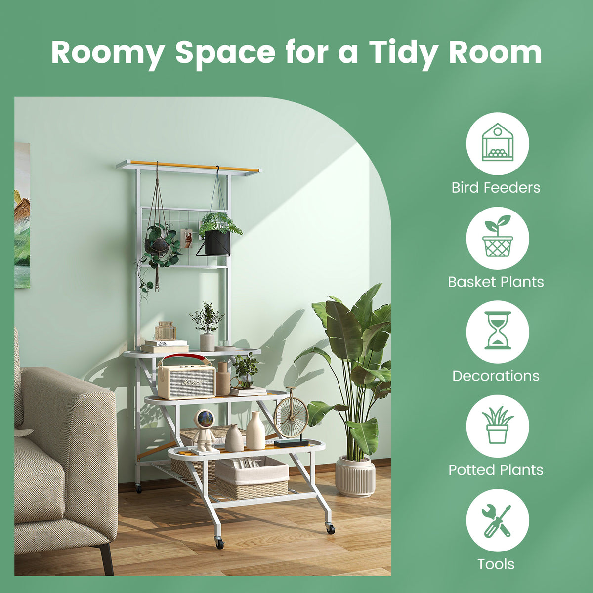 4-Tier Metal Plant Stand with Wheels & Trellis