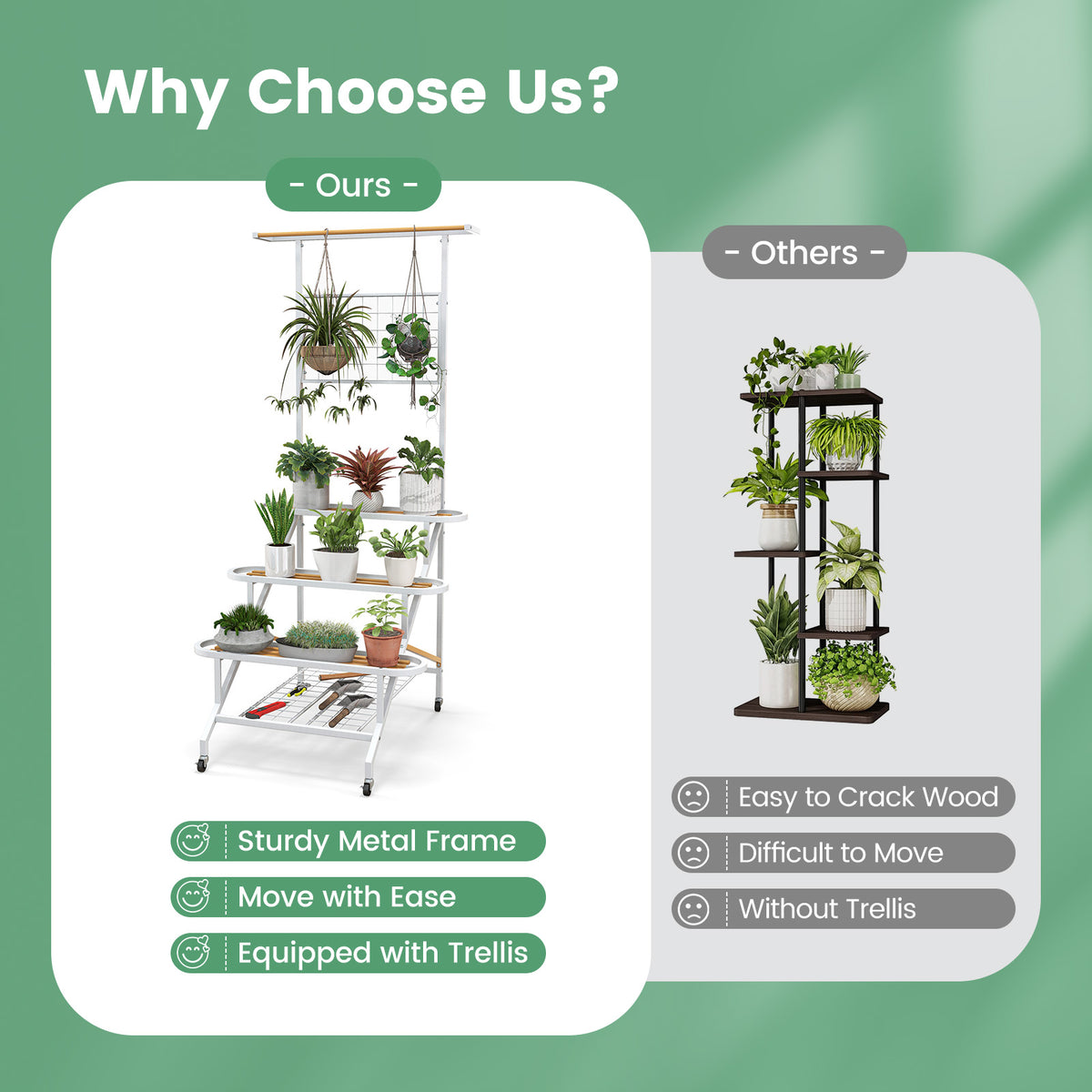 4-Tier Metal Plant Stand with Wheels & Trellis