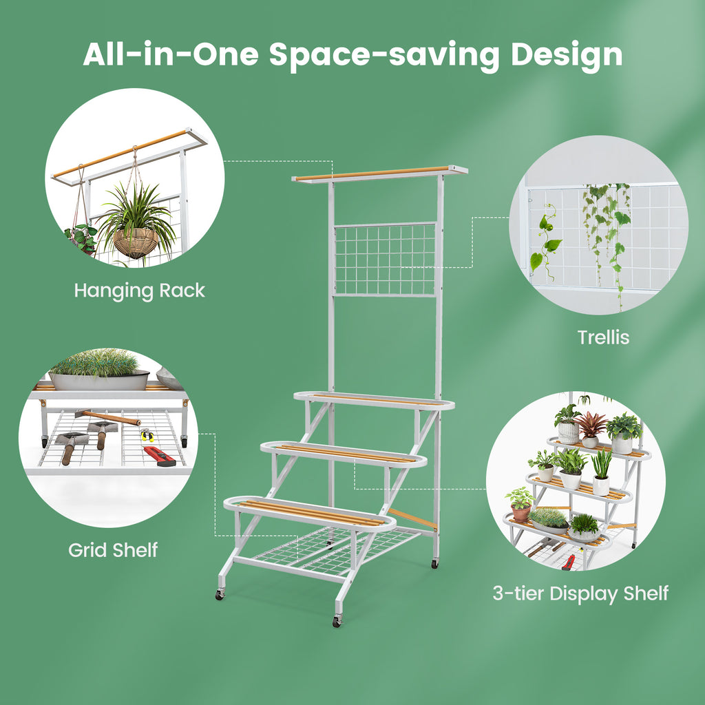 4-Tier Metal Plant Stand with Wheels & Trellis