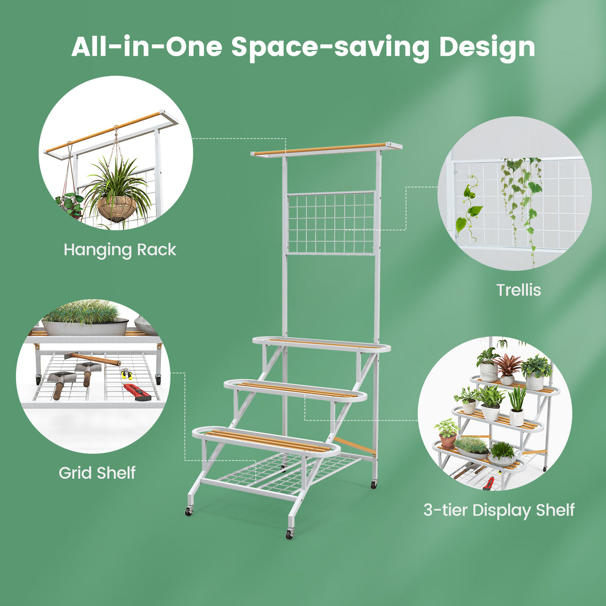 4-Tier Metal Plant Stand with Wheels & Trellis
