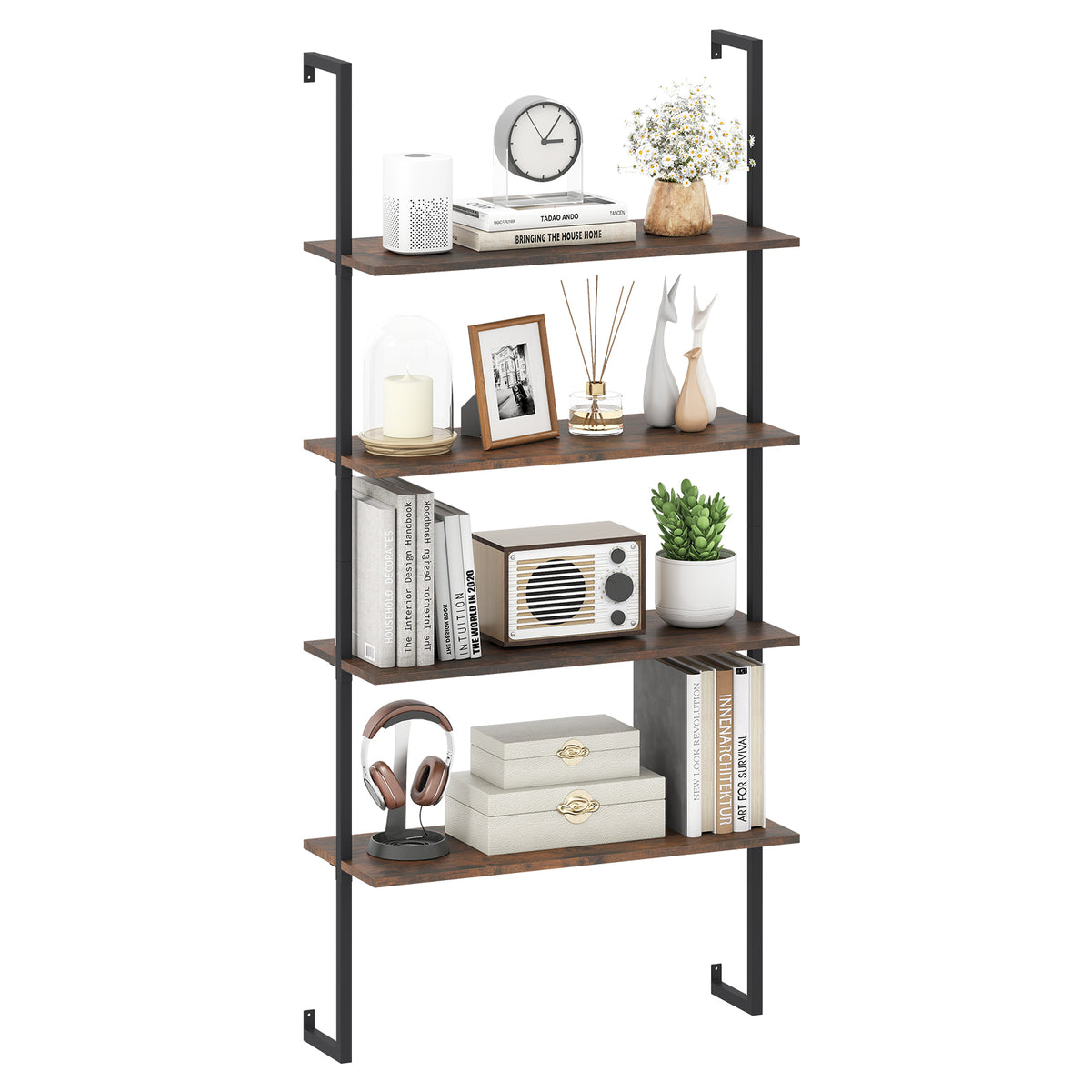 4-Tier Industrial Ladder Bookshelf with Metal Frame
