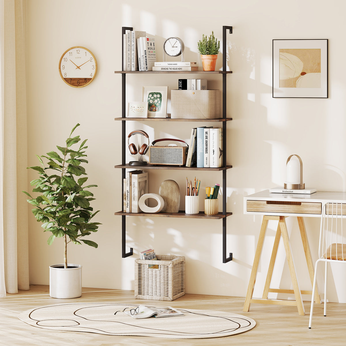 4-Tier Industrial Ladder Bookshelf with Metal Frame