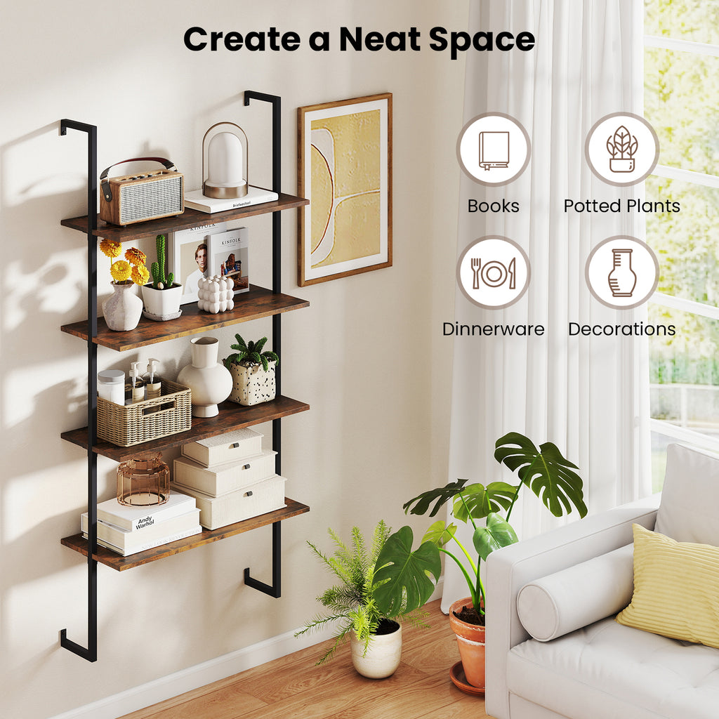 4-Tier Industrial Ladder Bookshelf with Metal Frame