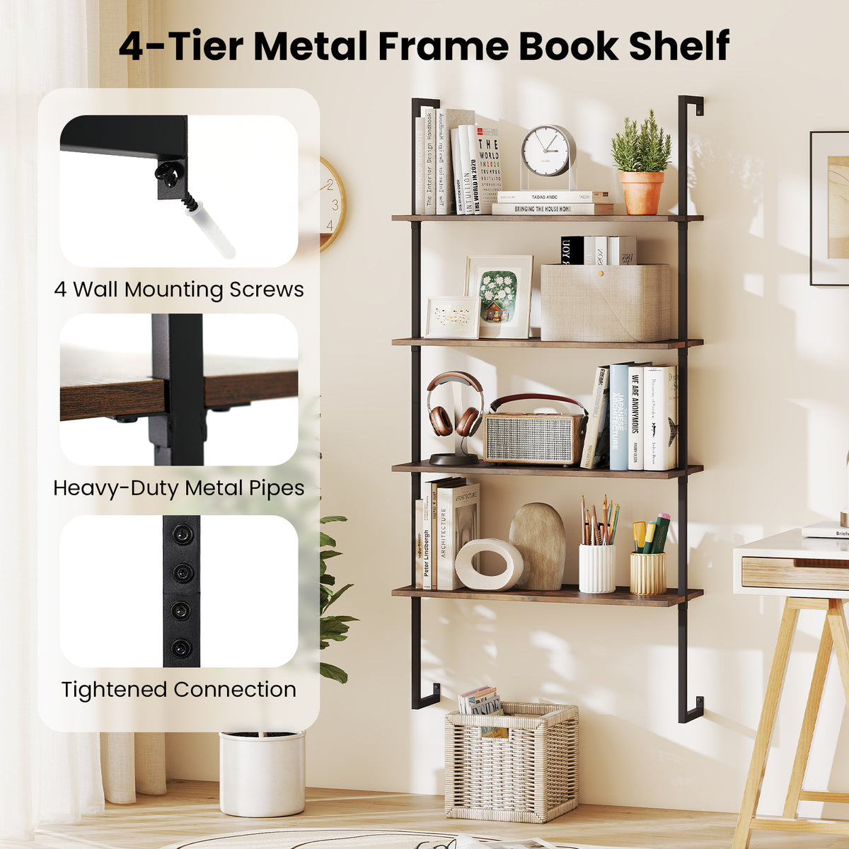 4-Tier Industrial Ladder Bookshelf with Metal Frame