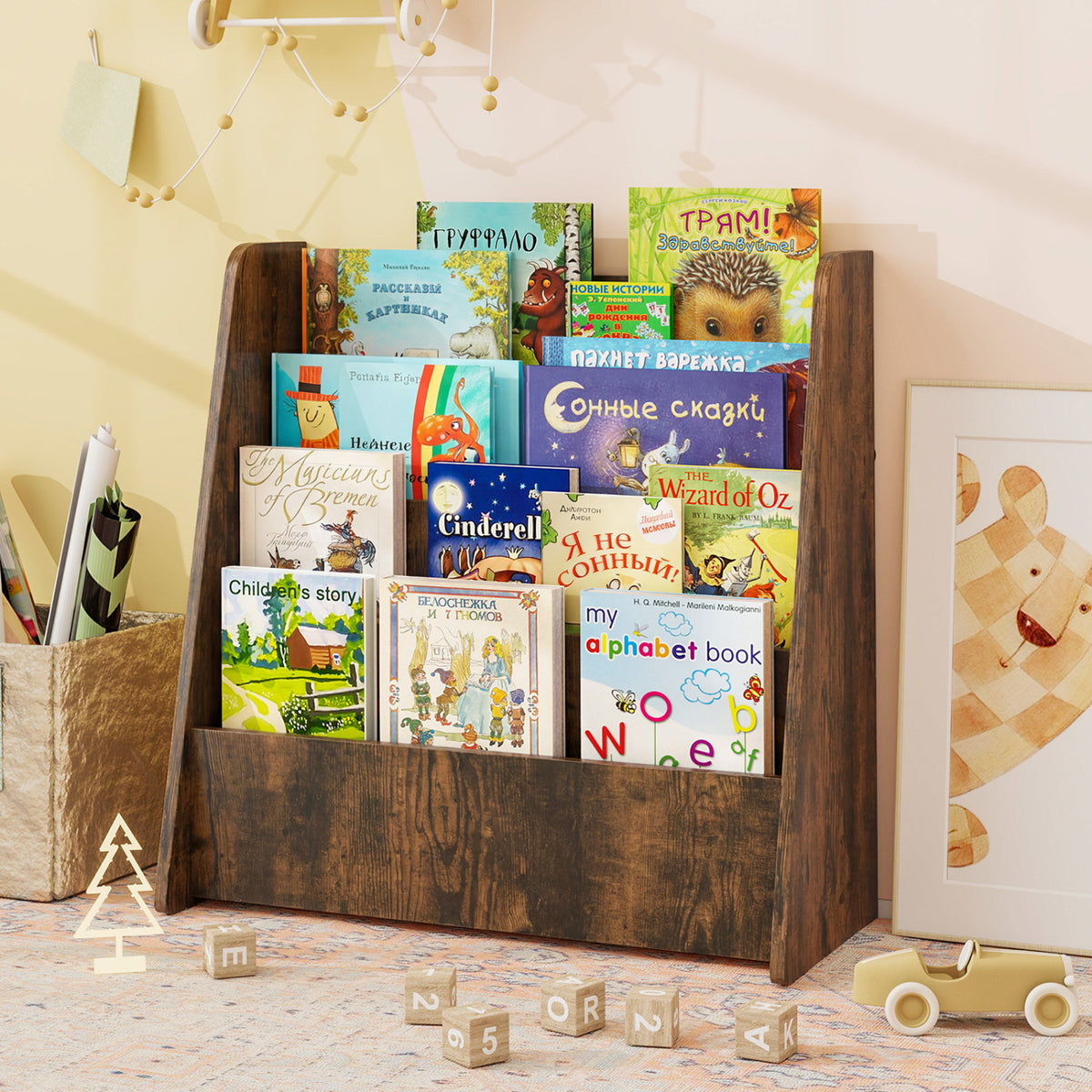 Kids Bookshelf 4-Tier with Deep Compartments - Rustic Brown Variation