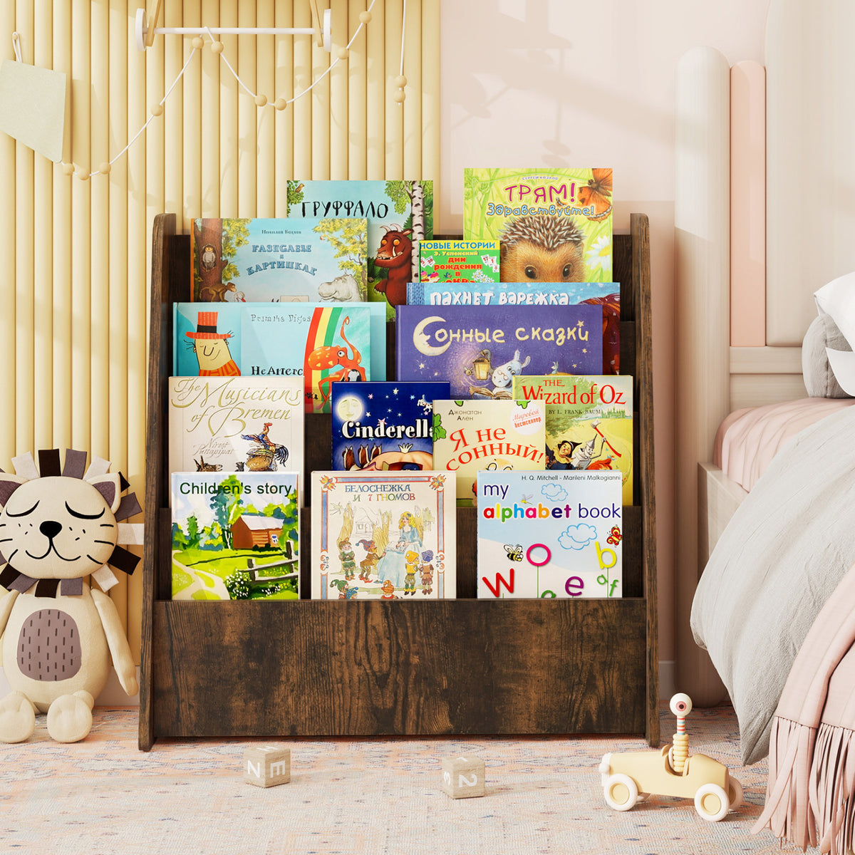 Kids Bookshelf 4-Tier with Deep Compartments - Rustic Brown Variation