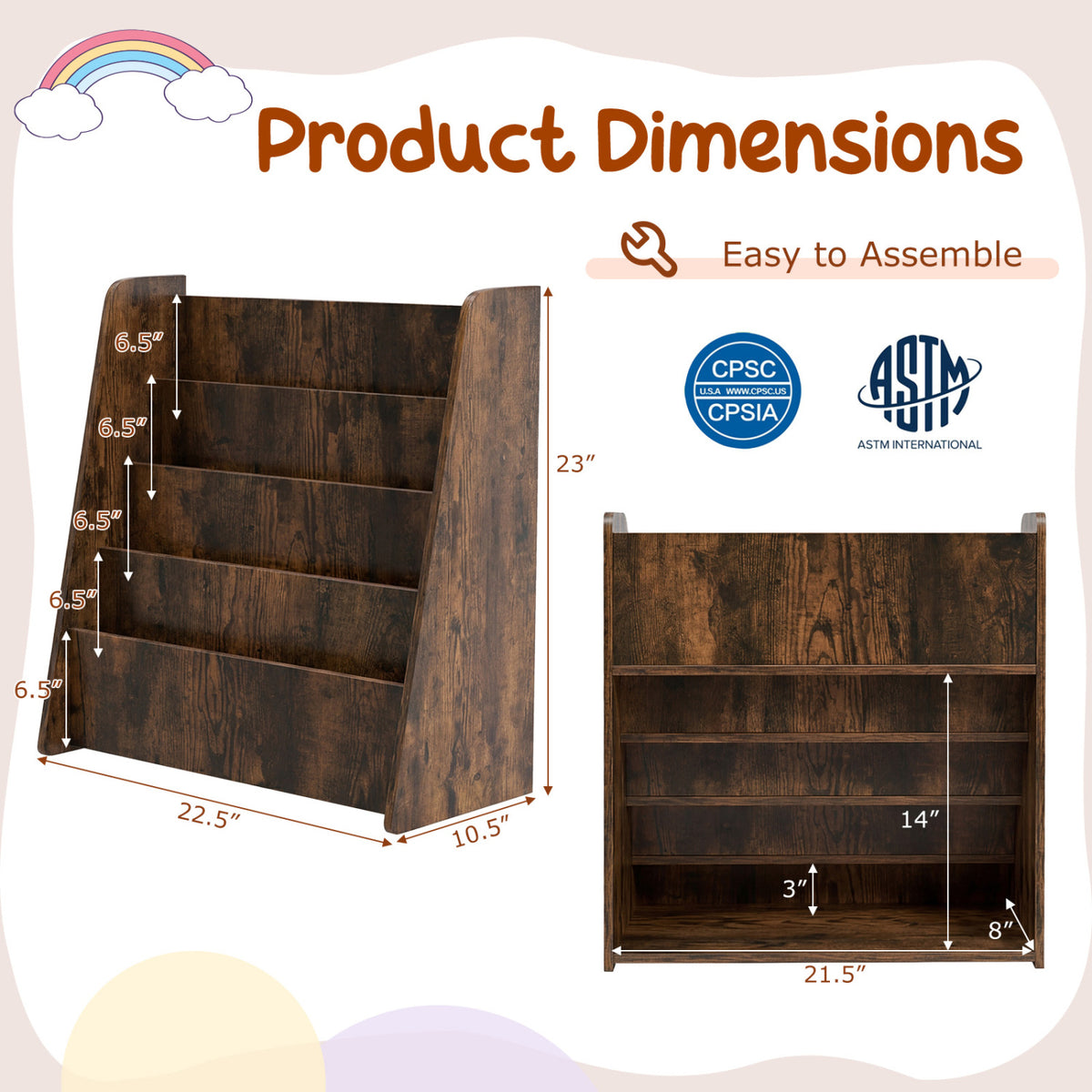 Kids Bookshelf 4-Tier with Deep Compartments - Rustic Brown Variation