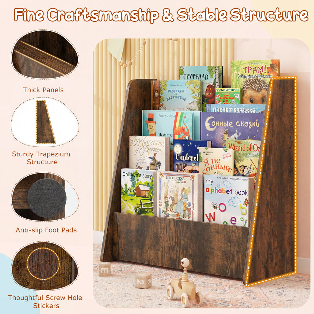 Kids Bookshelf 4-Tier with Deep Compartments - Rustic Brown Variation