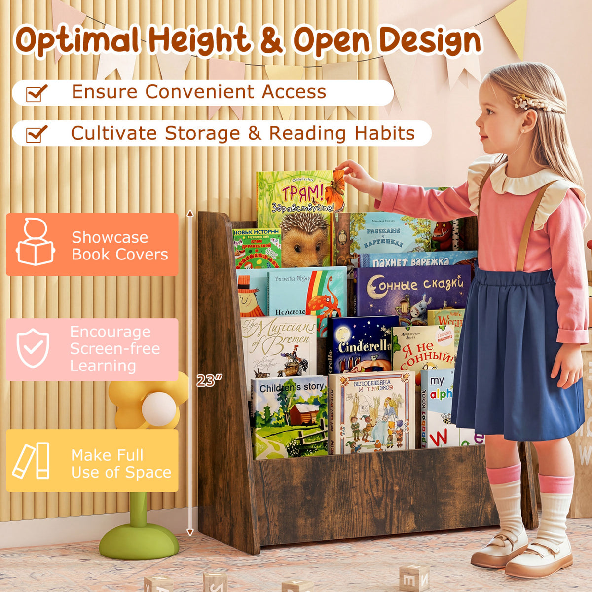 Kids Bookshelf 4-Tier with Deep Compartments - Rustic Brown Variation