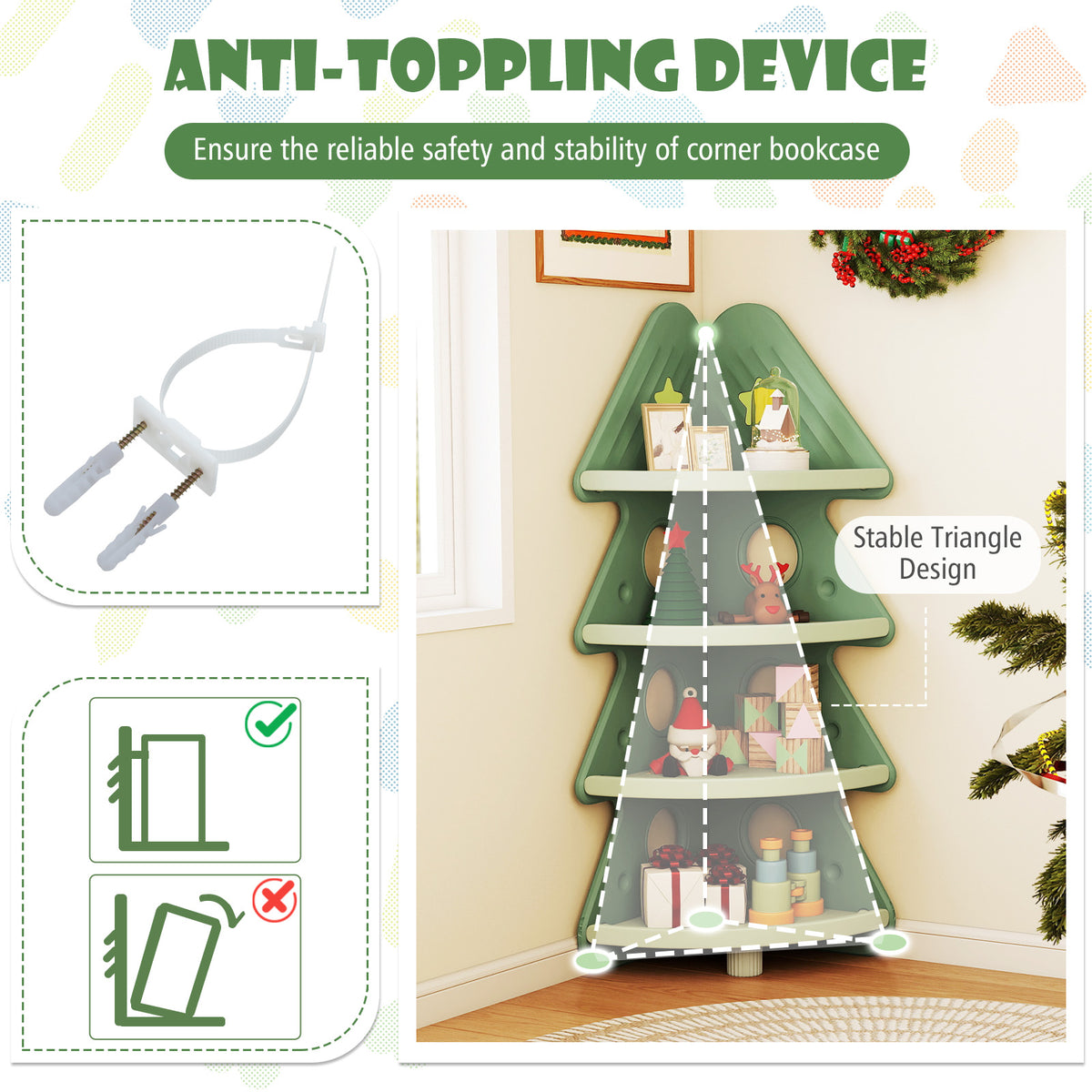 Kids Corner Bookshelf - 4-Tier Tree Display Shelf for Kids Room, Green