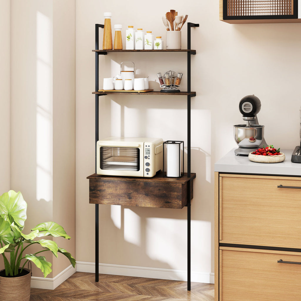 4-Tier Ladder Bookshelf with Drawer – Rustic Brown