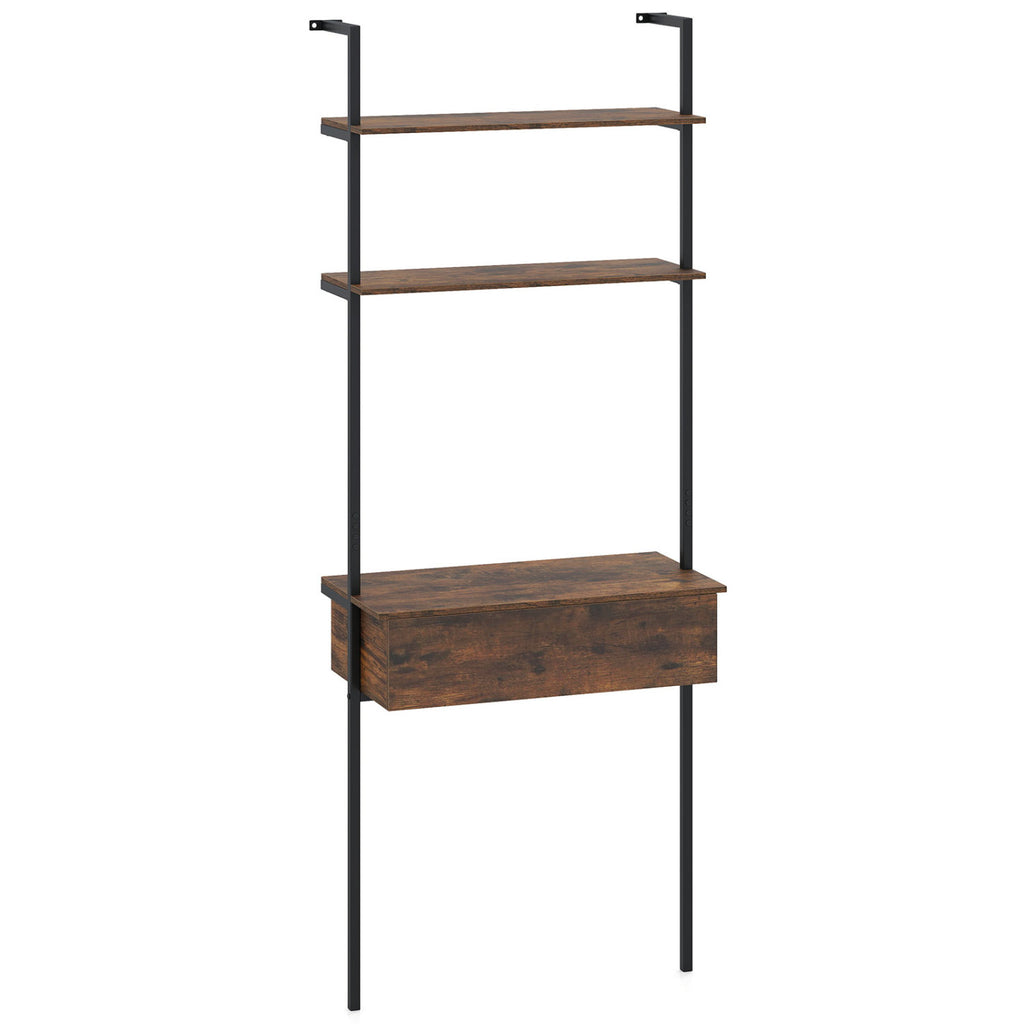 4-Tier Ladder Bookshelf with Drawer – Rustic Brown
