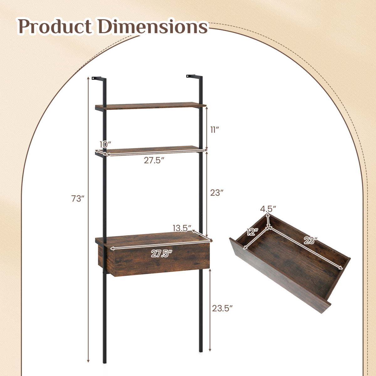 4-Tier Ladder Bookshelf with Drawer – Rustic Brown