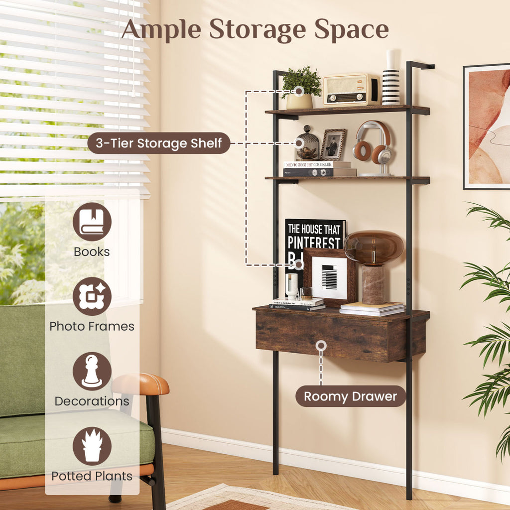 4-Tier Ladder Bookshelf with Drawer – Rustic Brown