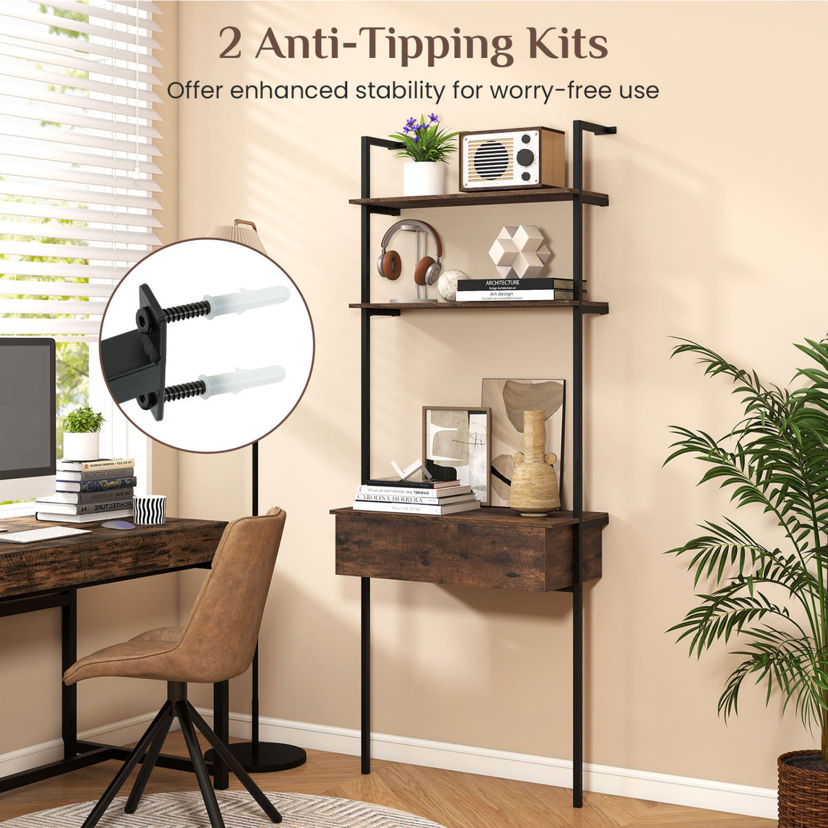 4-Tier Ladder Bookshelf with Drawer – Rustic Brown