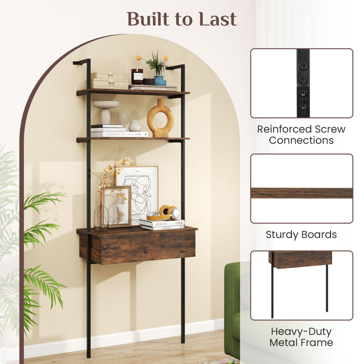 4-Tier Ladder Bookshelf with Drawer – Rustic Brown