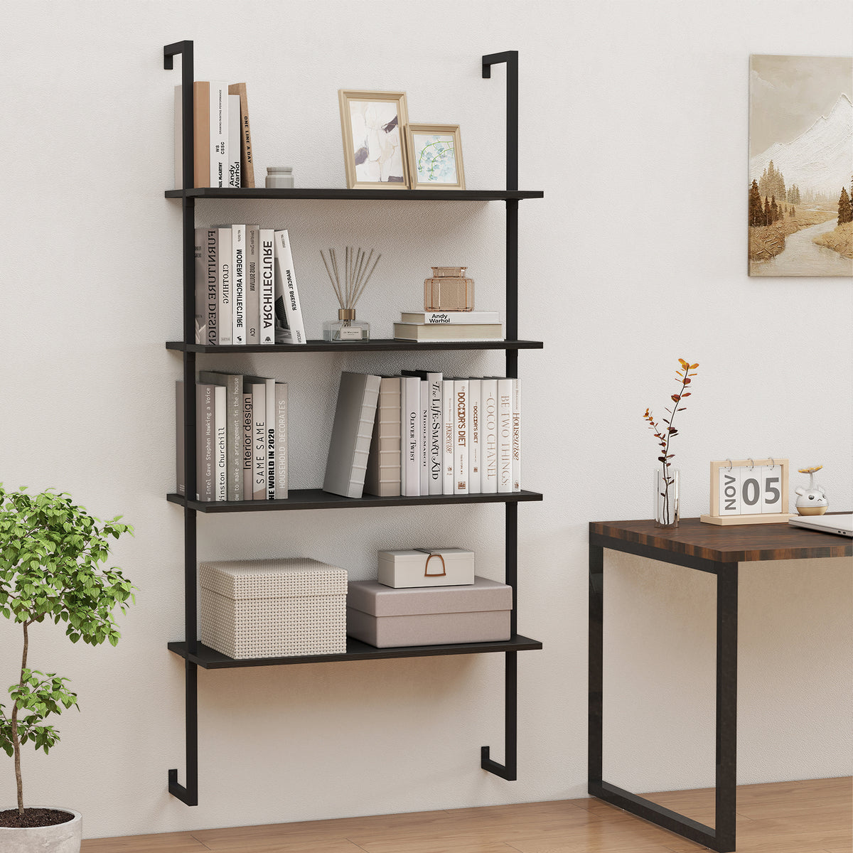 4-Tier Ladder Shelf Open Wall Mounted Bookcase with Wooden Boards and