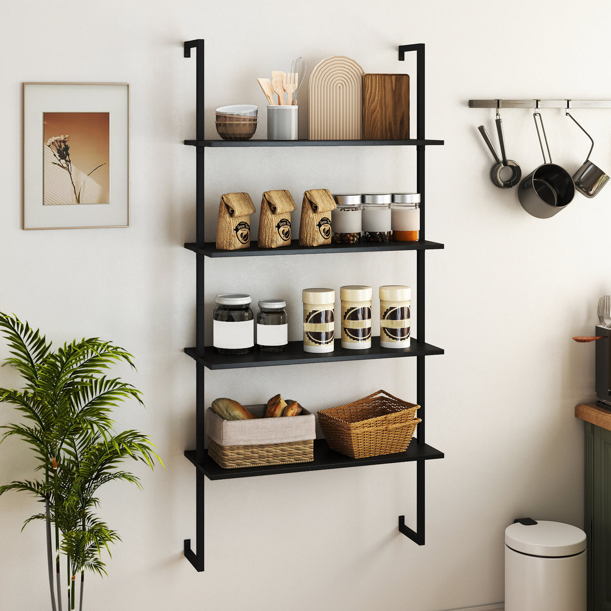 4-Tier Ladder Shelf Open Wall Mounted Bookcase with Wooden Boards and