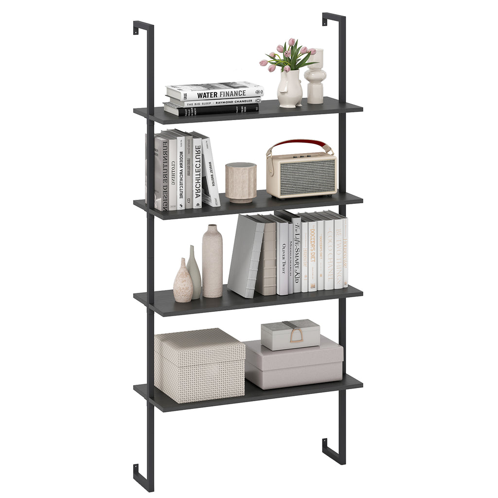 4-Tier Ladder Shelf Open Wall Mounted Bookcase with Wooden Boards and
