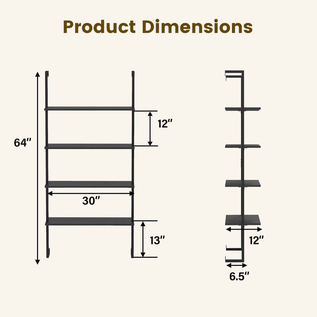 4-Tier Ladder Shelf Open Wall Mounted Bookcase with Wooden Boards and