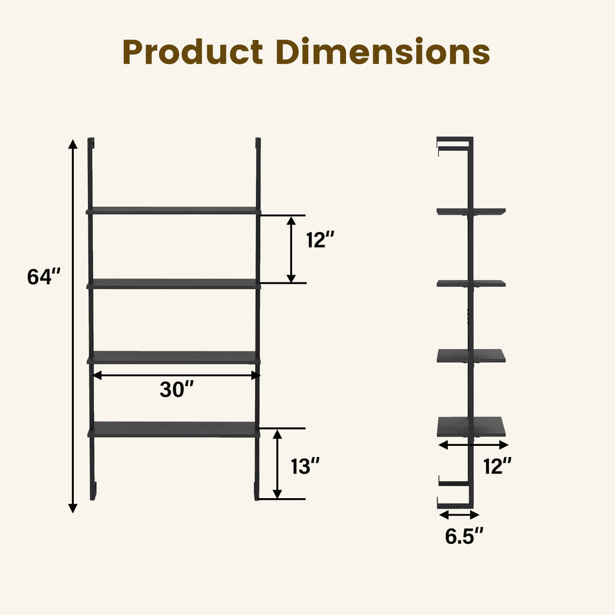 4-Tier Ladder Shelf Open Wall Mounted Bookcase with Wooden Boards and