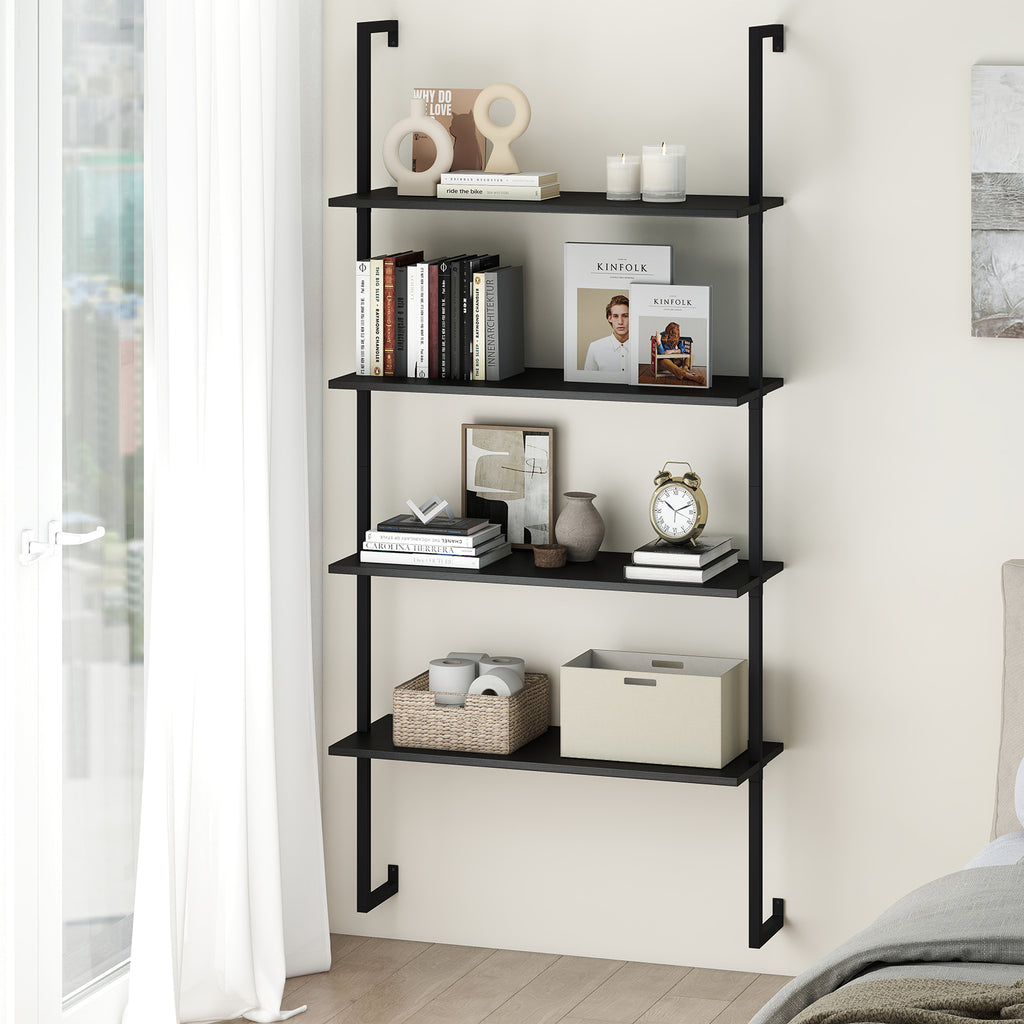 4-Tier Ladder Shelf Open Wall Mounted Bookcase with Wooden Boards and