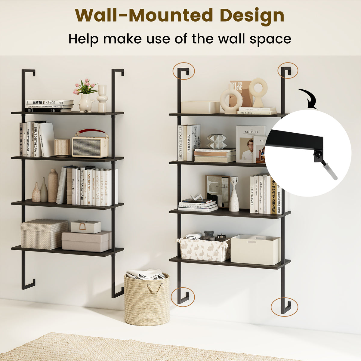 4-Tier Ladder Shelf Open Wall Mounted Bookcase with Wooden Boards and