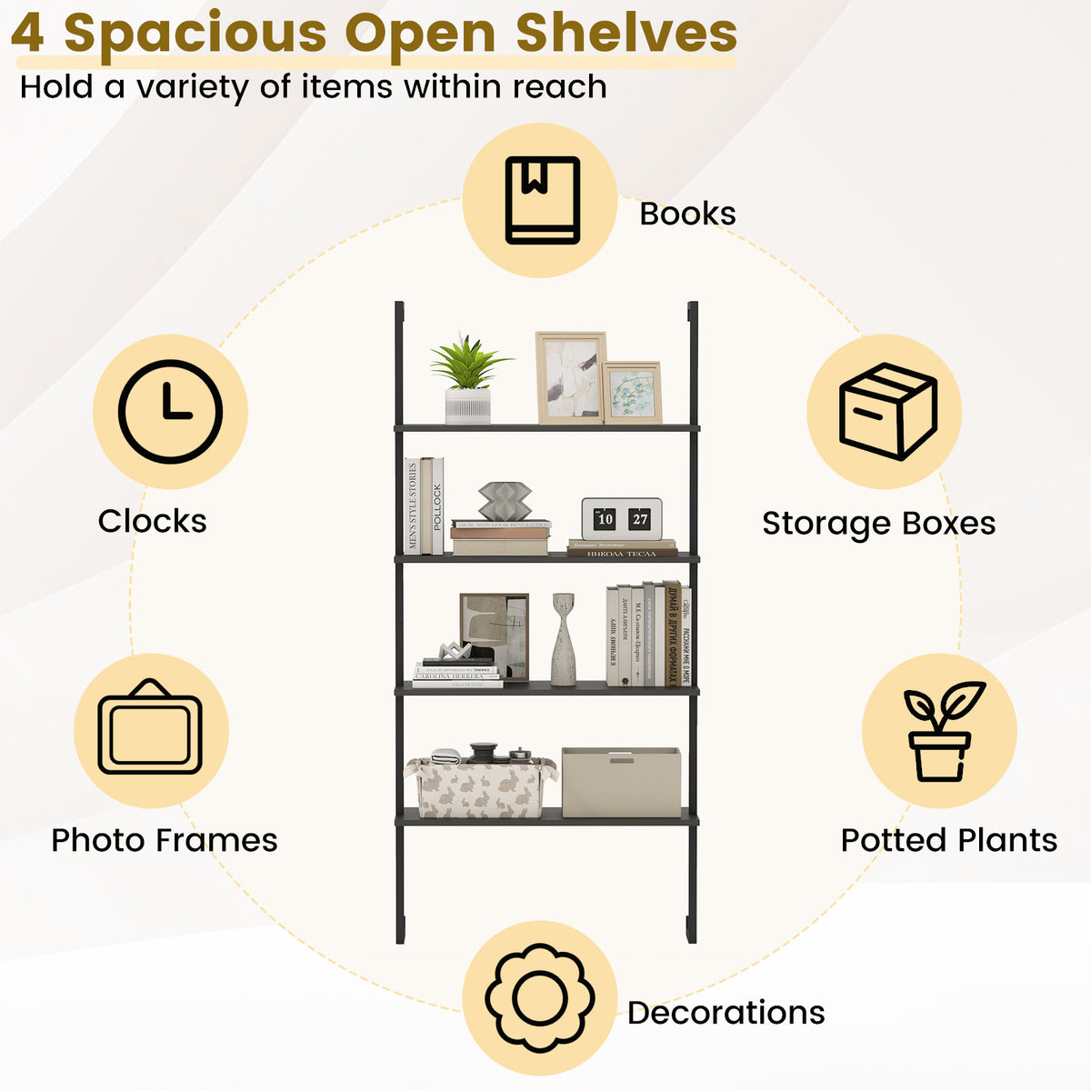 4-Tier Ladder Shelf Open Wall Mounted Bookcase with Wooden Boards and