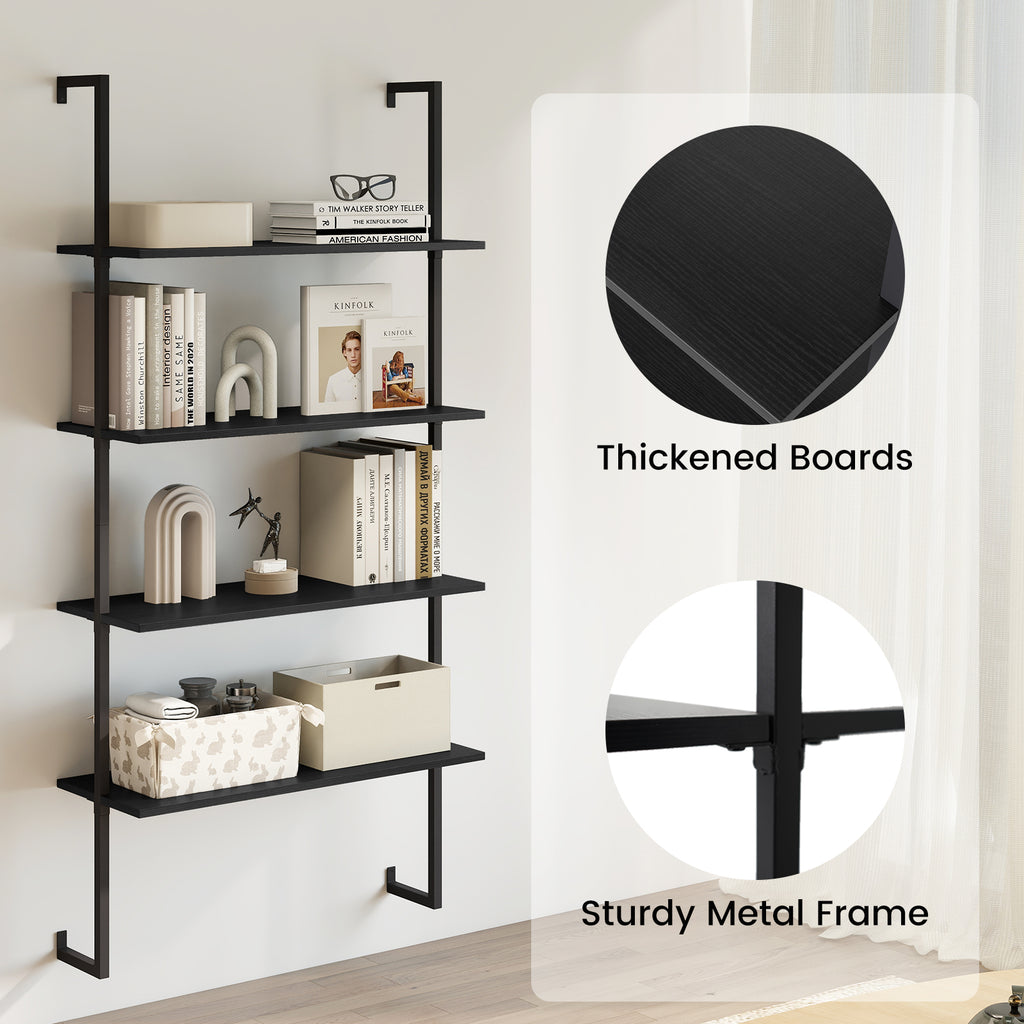 4-Tier Ladder Shelf Open Wall Mounted Bookcase with Wooden Boards and