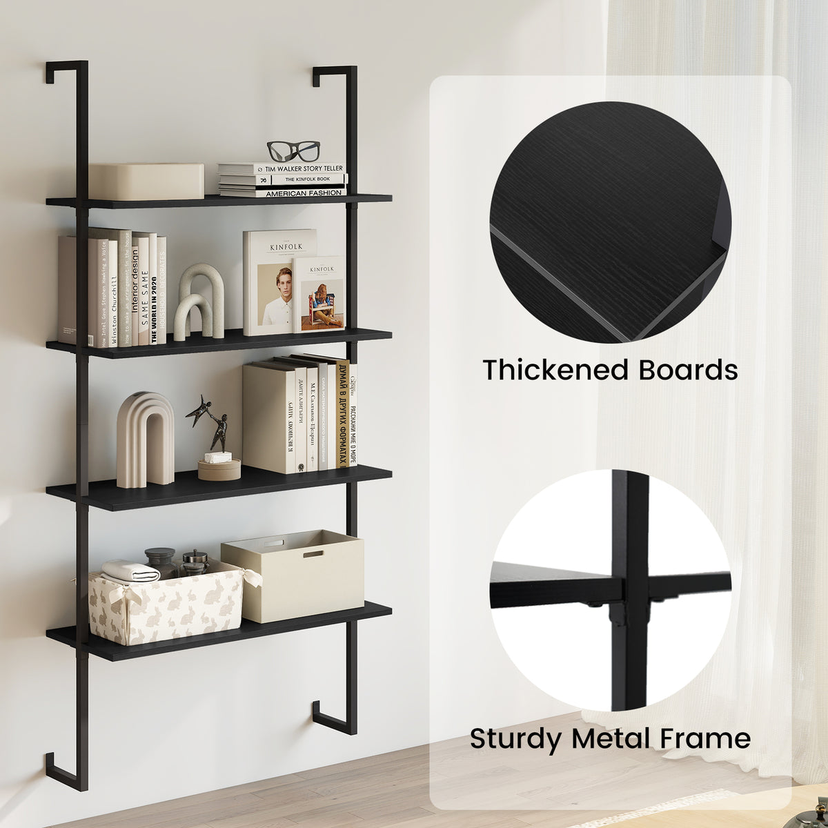4-Tier Ladder Shelf Open Wall Mounted Bookcase with Wooden Boards and
