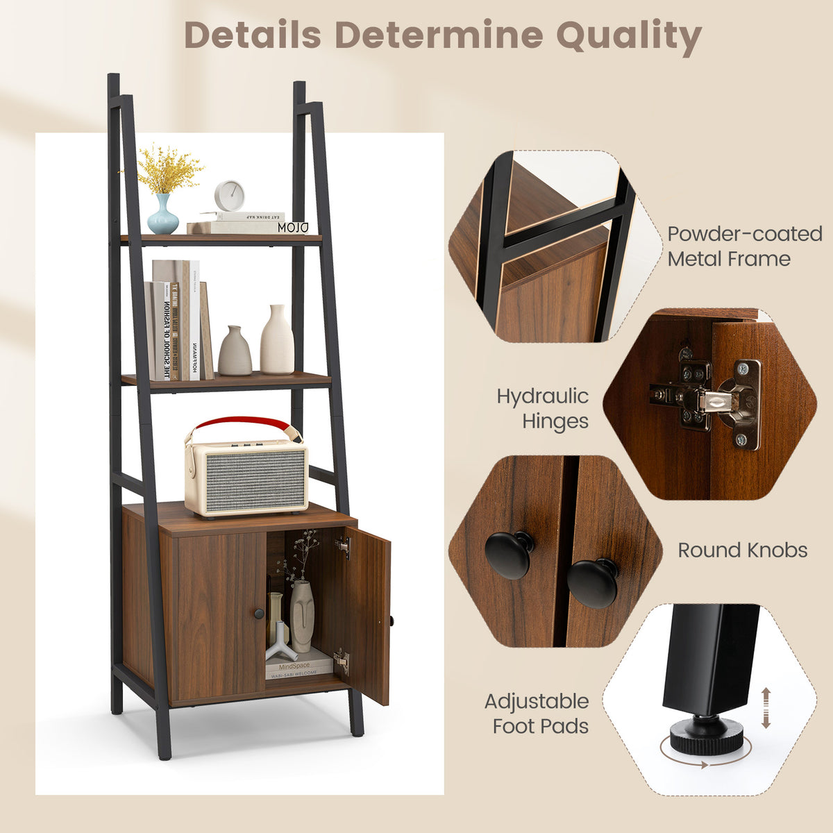 4-Tier Ladder Shelf with Cabinet and Metal Frame – Rustic Brown