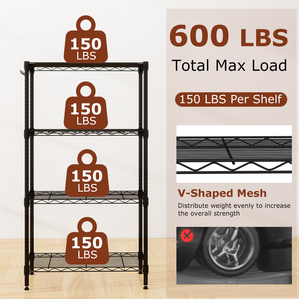 4-Tier Metal Storage Shelving Unit, 600 LBS Capacity - Black