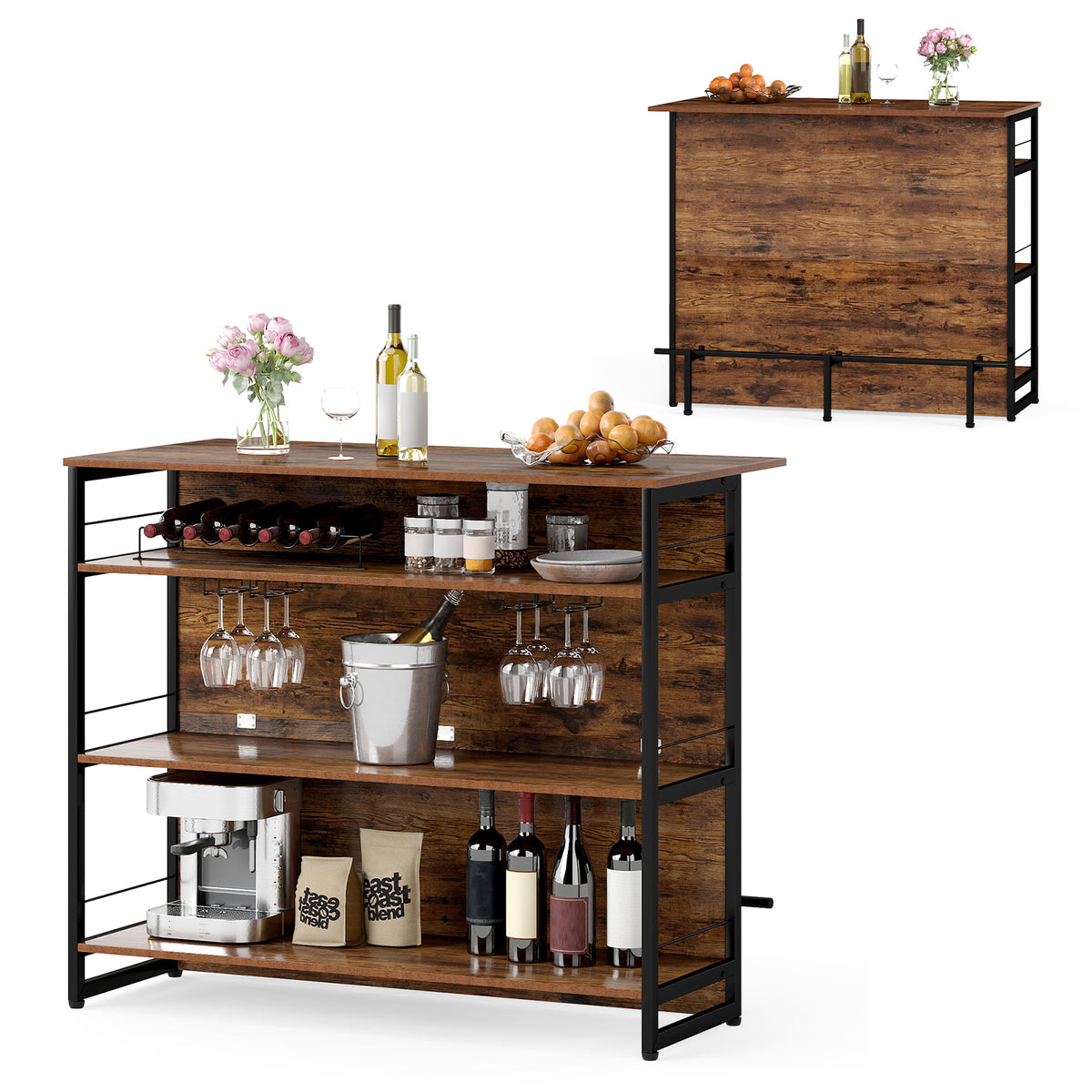 4-Tier Kitchen Island with Wine Rack & Glass Holder - Coffee