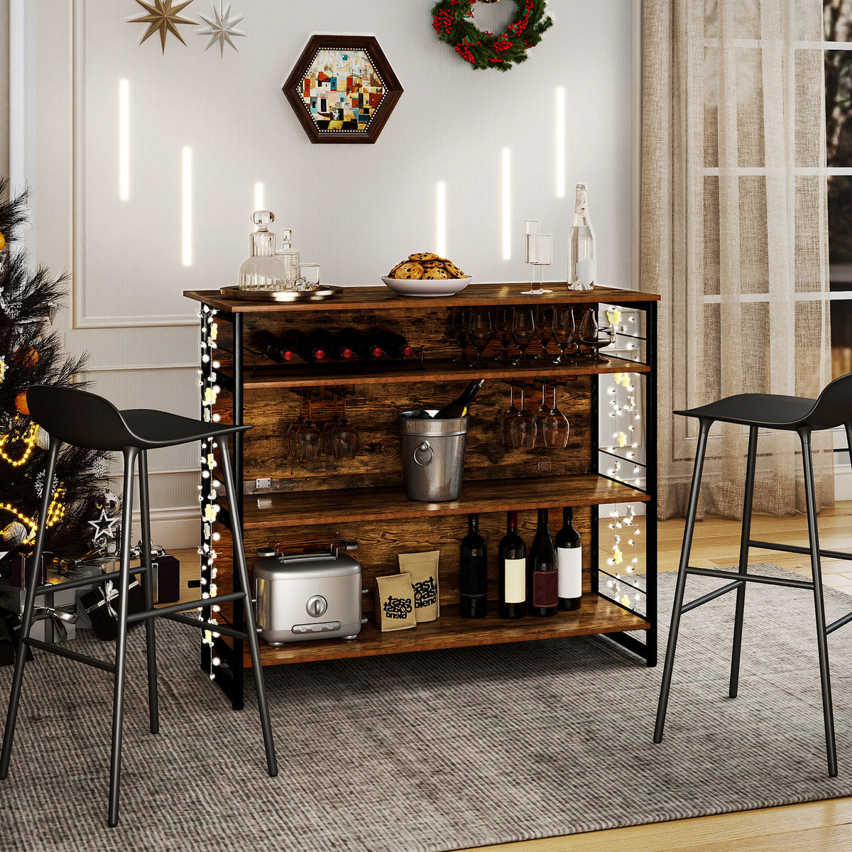 4-Tier Kitchen Island with Wine Rack & Glass Holder - Coffee
