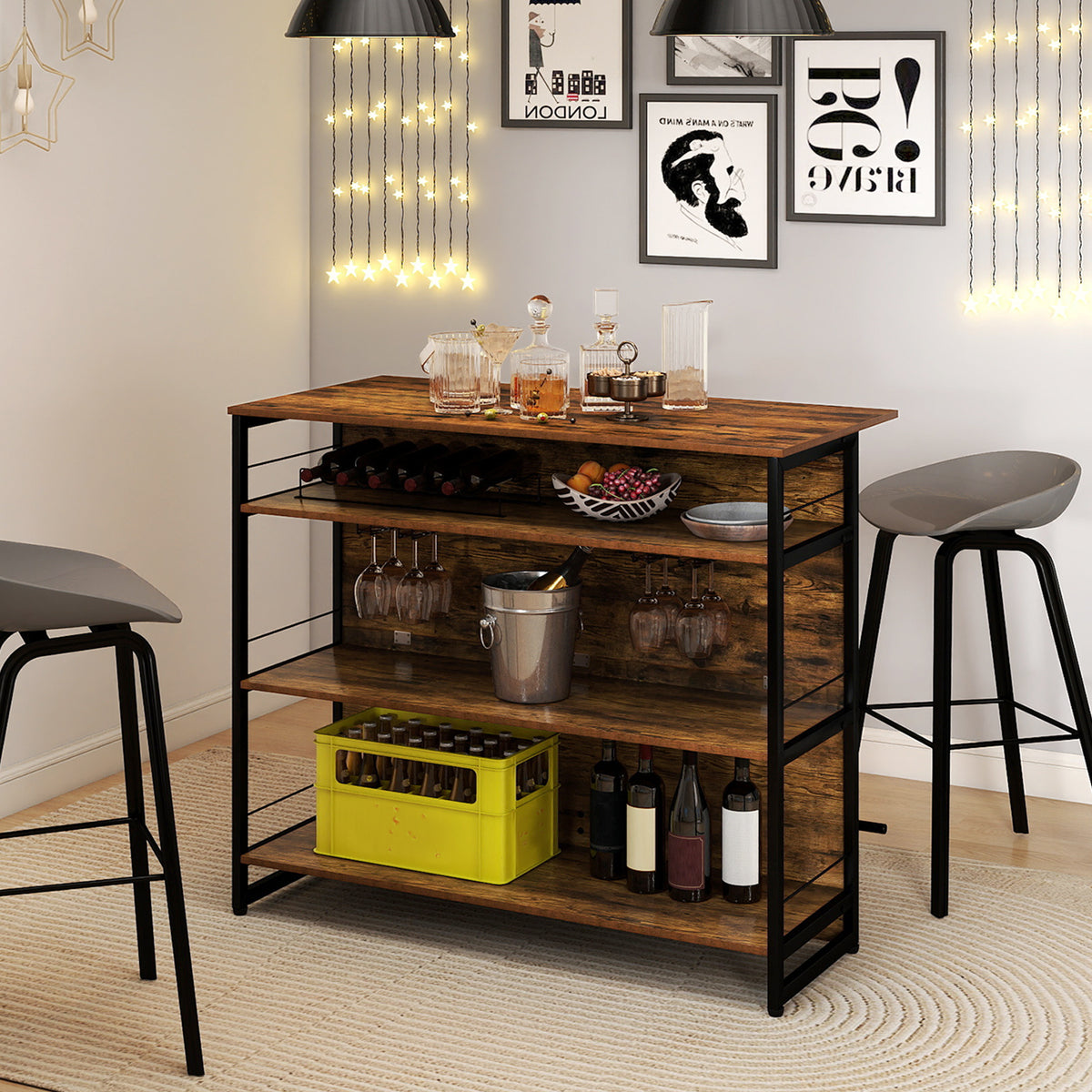4-Tier Kitchen Island with Wine Rack & Glass Holder - Coffee
