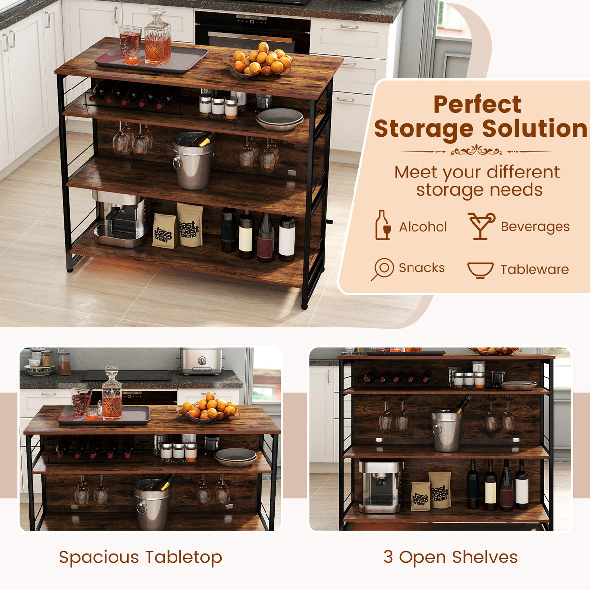 4-Tier Kitchen Island with Wine Rack & Glass Holder - Coffee