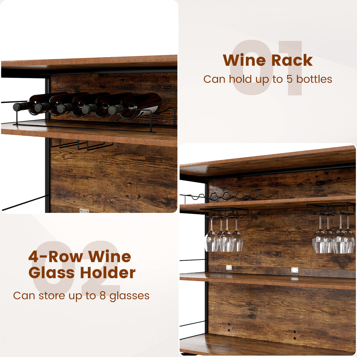 4-Tier Kitchen Island with Wine Rack & Glass Holder - Coffee
