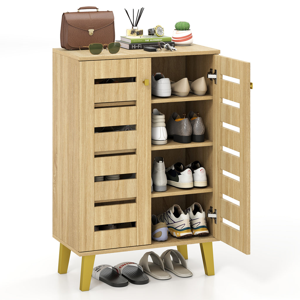 4-Tier Wooden Shoe Cabinet with Doors, Oak