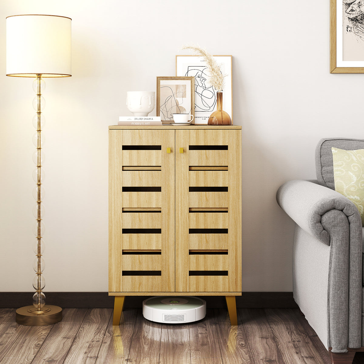 4-Tier Wooden Shoe Cabinet with Doors, Oak