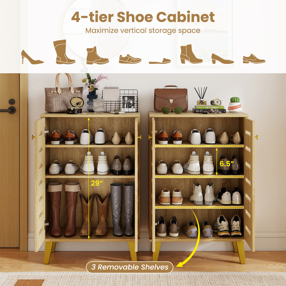 4-Tier Wooden Shoe Cabinet with Doors, Oak