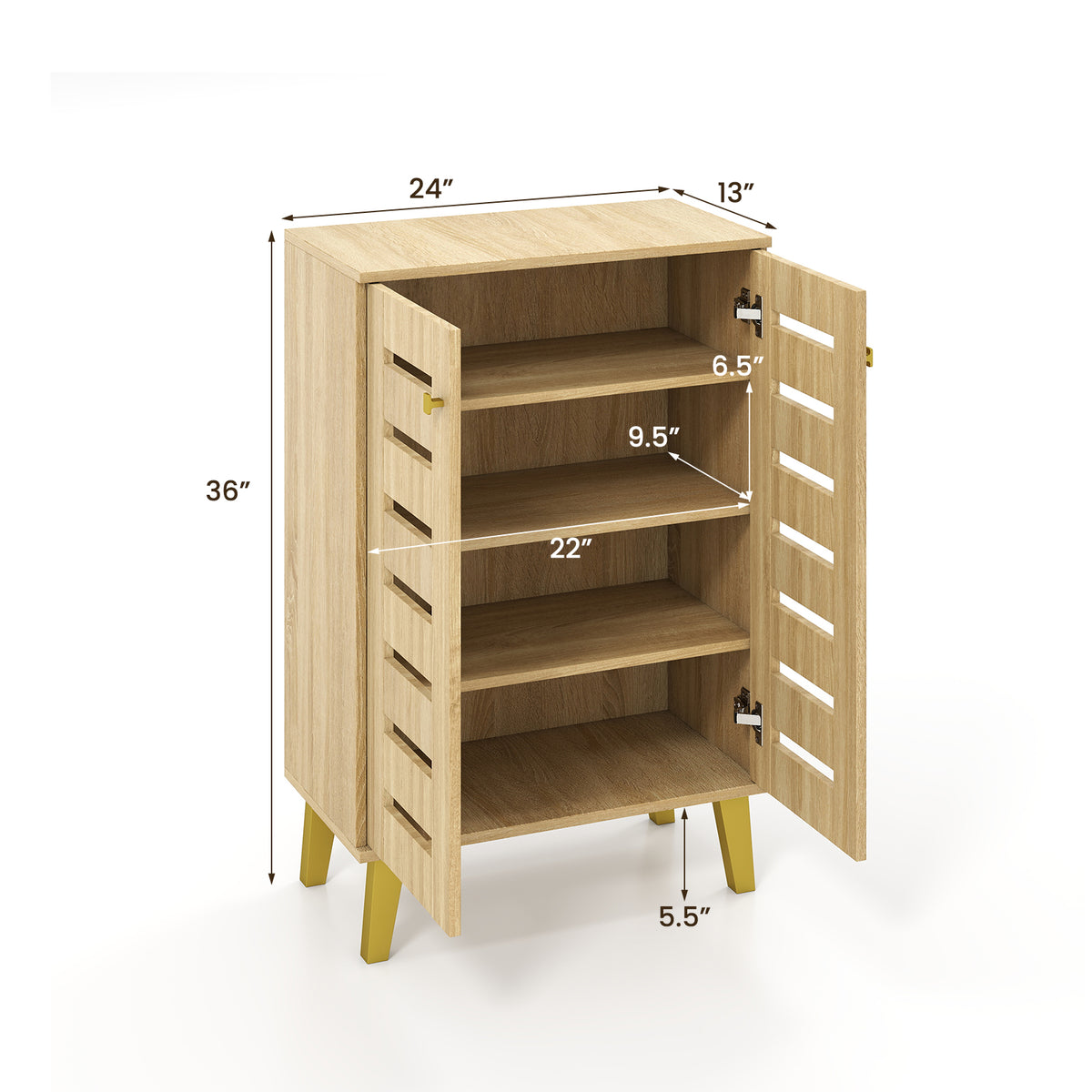 4-Tier Wooden Shoe Cabinet with Doors, Oak