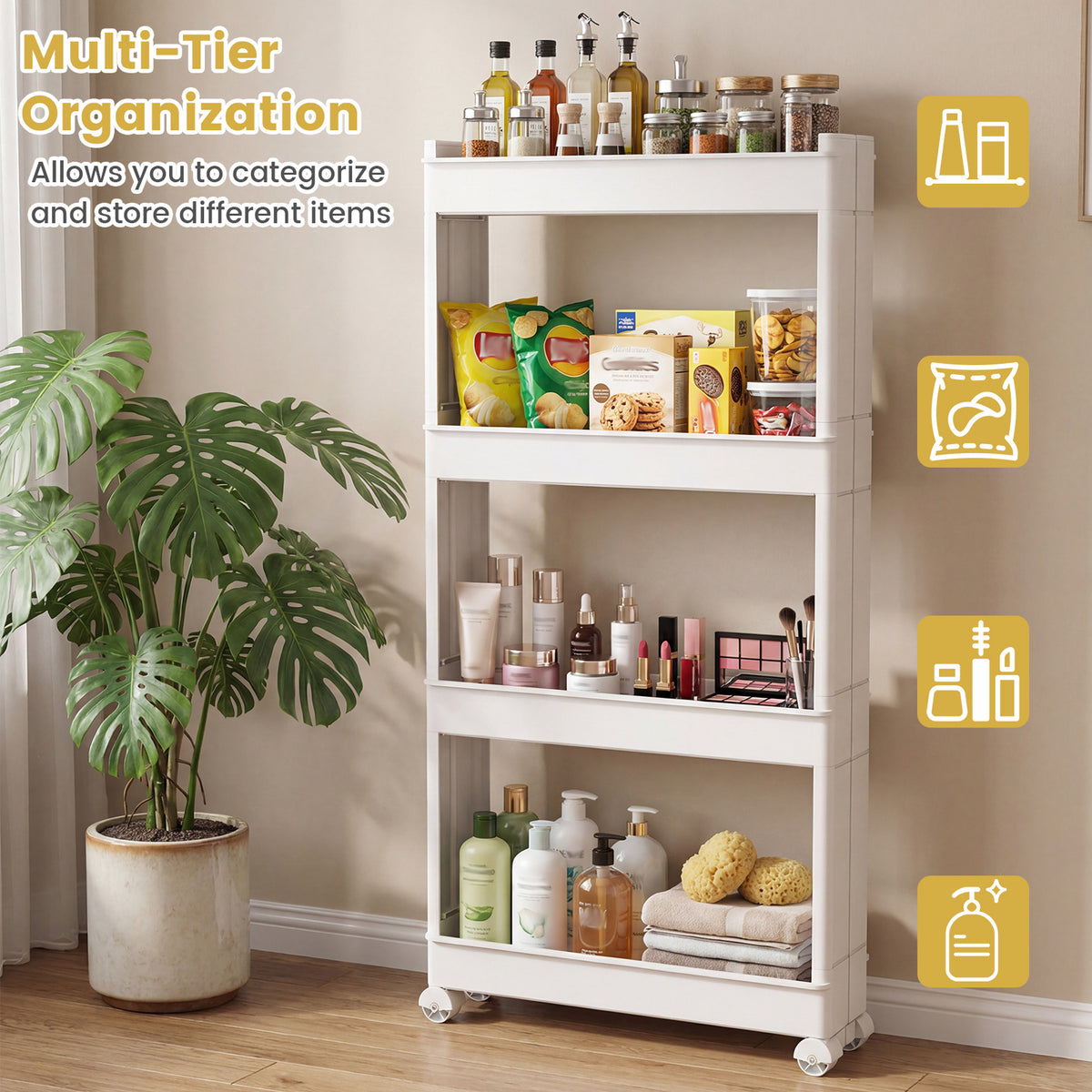 4-Tier Storage Trolley with Detachable Trays - White