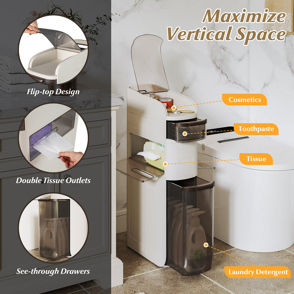 4/5/6-Tier Narrow Bathroom Storage Cabinet with Drawers and Tissue Box