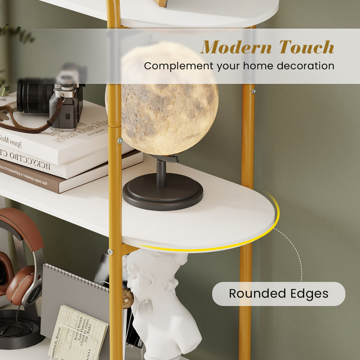 4-Tier Open Bookcase with Metal Frame – White & Golden
