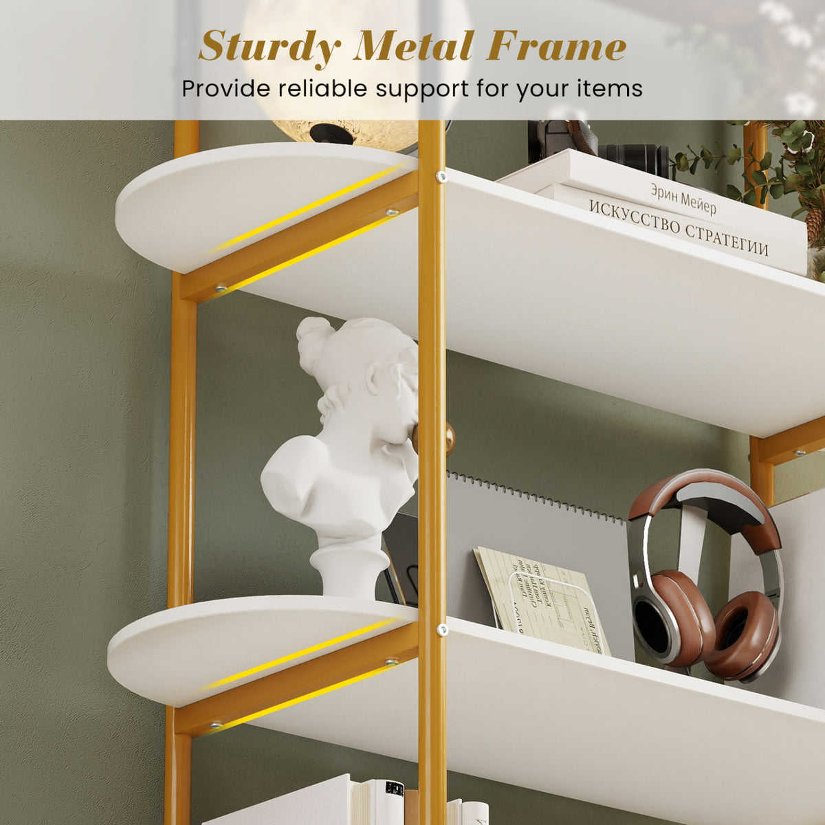 4-Tier Open Bookcase with Metal Frame – White & Golden