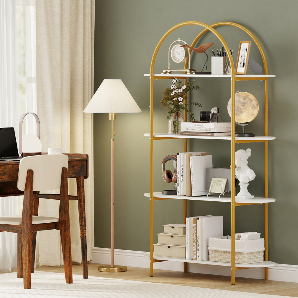 4-Tier Open Bookcase with Metal Frame – White & Golden