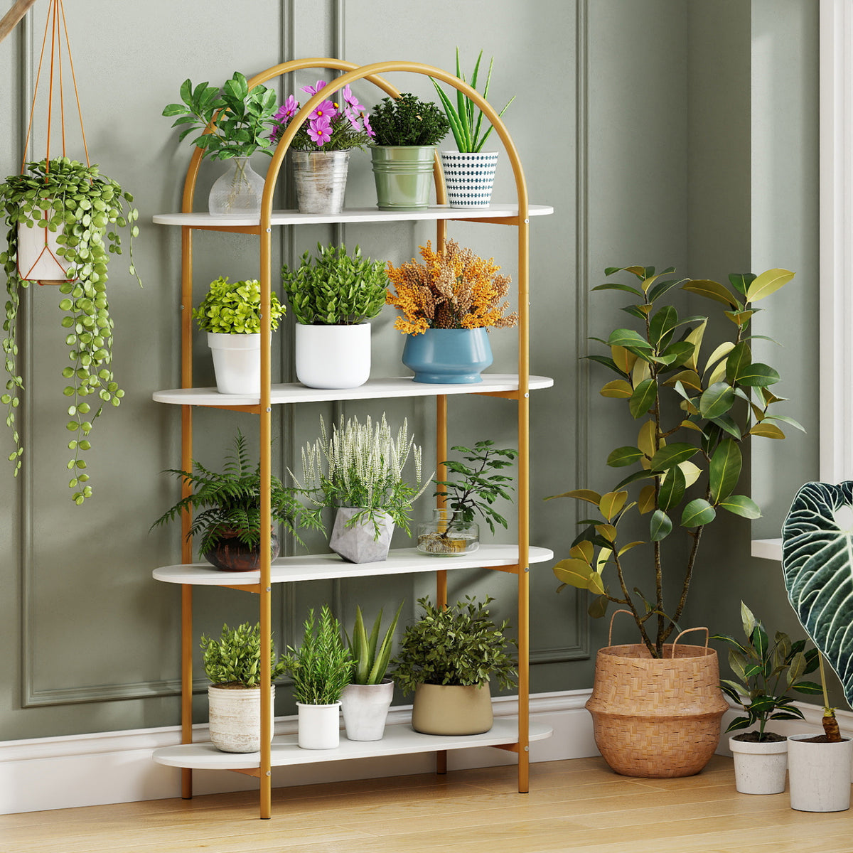 4-Tier Open Bookcase with Metal Frame – White & Golden